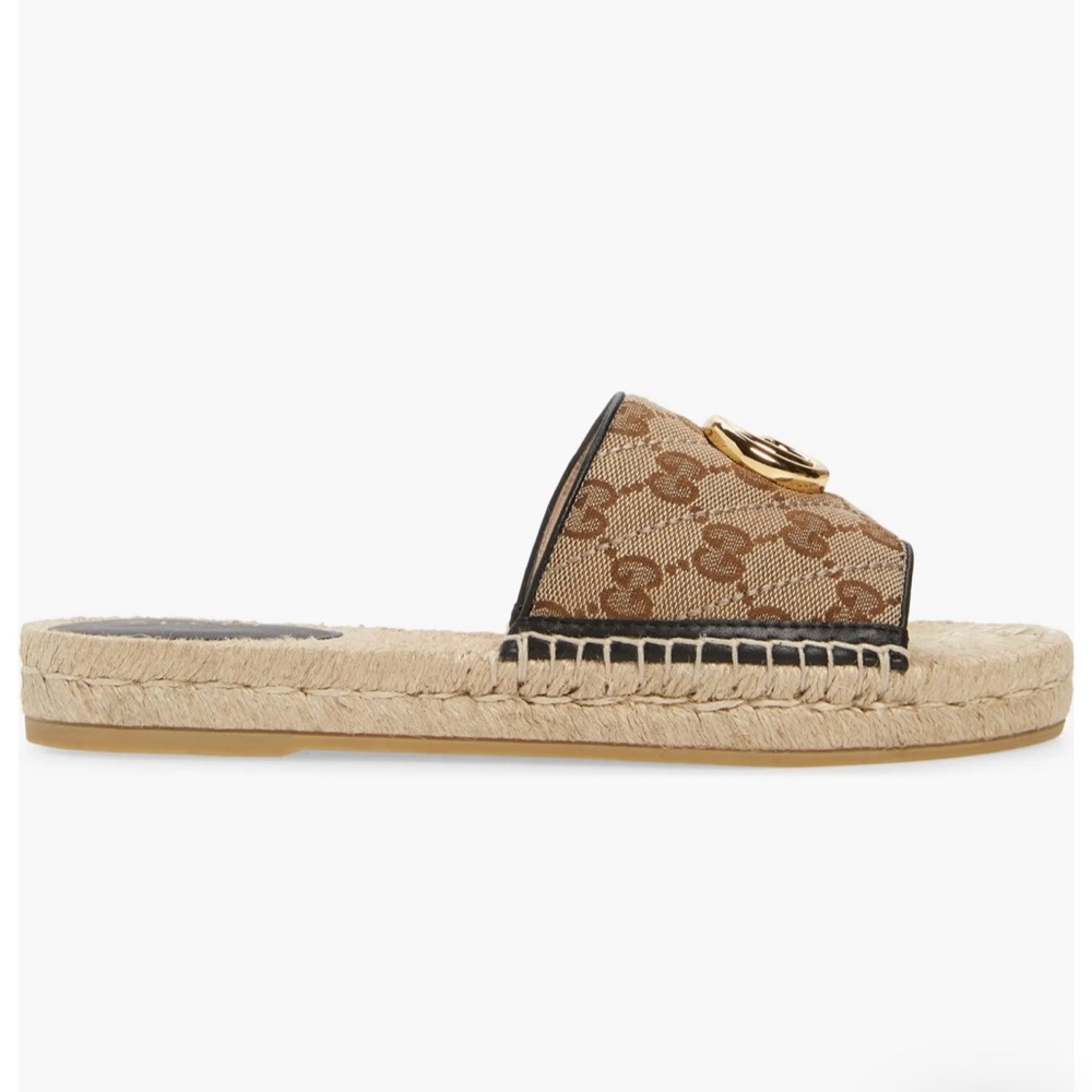 Gucci Brown Monogram Espadrille Slide Sandal with Gold Double G - Picture 3 of 9